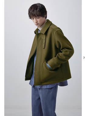 KUYIOU/可拆卸户外风搭扣 重磅纯羊毛翻领短款毛呢夹克外套男 J09