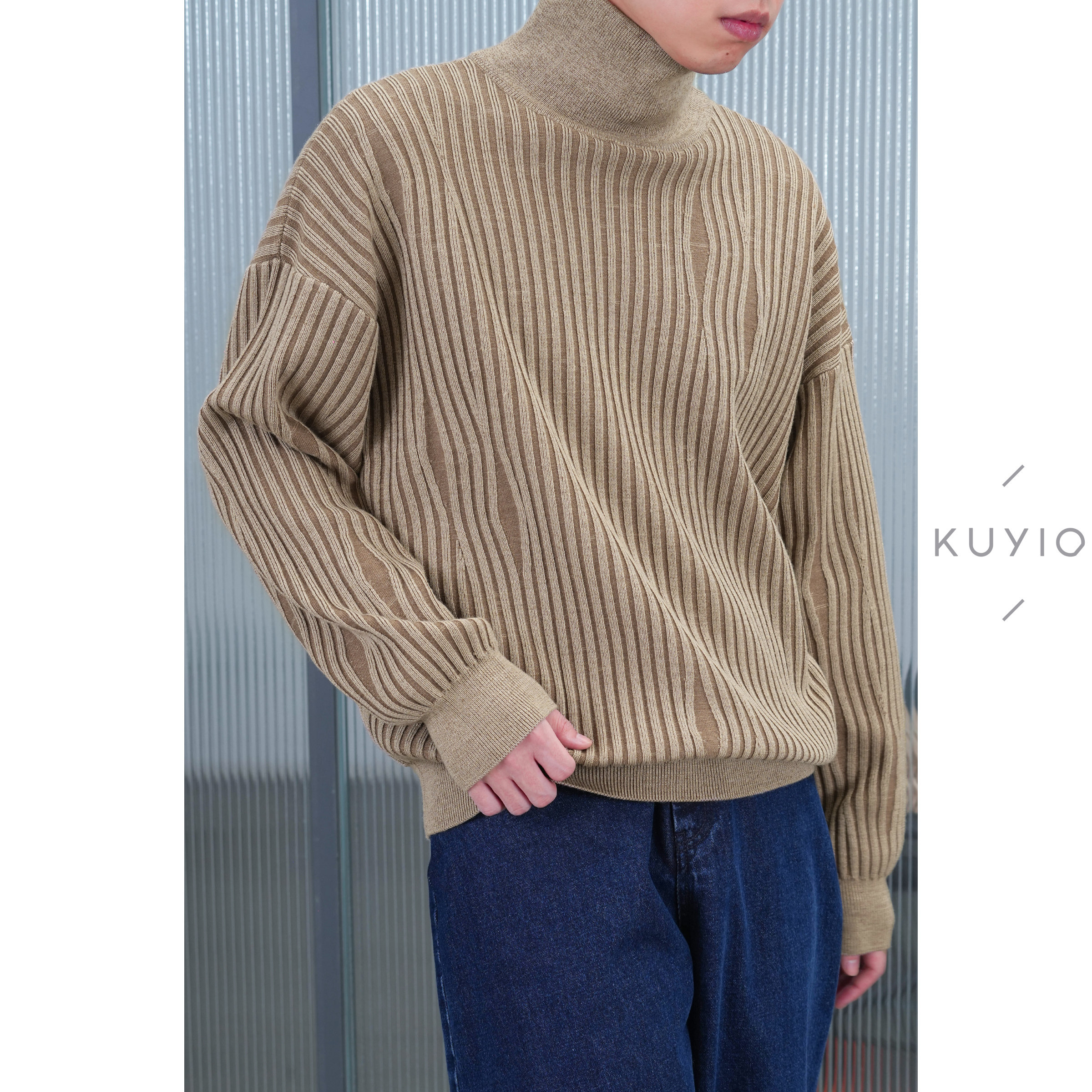 KUYIOU/坑条纹肌理 精纺美利奴羊毛混纺高领宽松落肩针织毛衣男,男装,针织衫/毛衣,淘宝优惠券,粉丝福利购,淘宝优惠卷