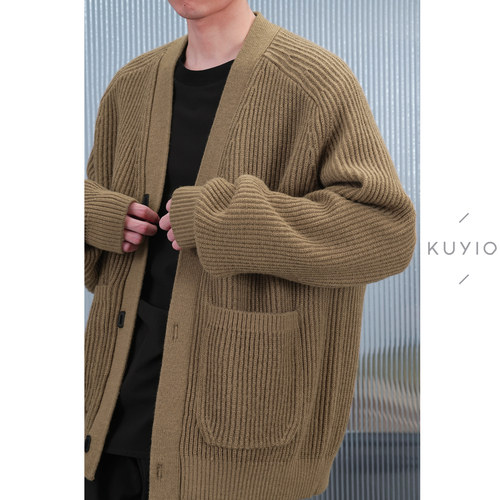 坑条纹肌理纯羊毛针织开衫