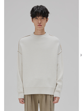 KUYIOU/INSIDE OUT四平反织针 重磅纯羊毛基础宽松圆领针织毛衣男