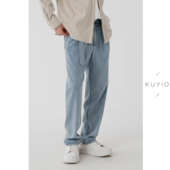 双褶腰带松紧腰斜门襟直筒牛仔长裤 KUYIOU 复古水洗抑菌意式 男