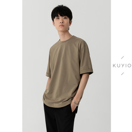 进口GIZA埃及棉 KUYIOU/袖口活页翻边落肩宽松圆领短袖T恤男 T17
