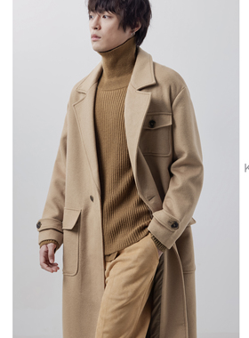 KUYIOU/腰带睡袍款 重磅羊毛双面呢大衣翻领中长款毛呢风衣外套男