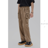 KUYIOU 男 多口袋弹力灯芯绒松紧腰休闲长裤 户外立体工装 抛袋
