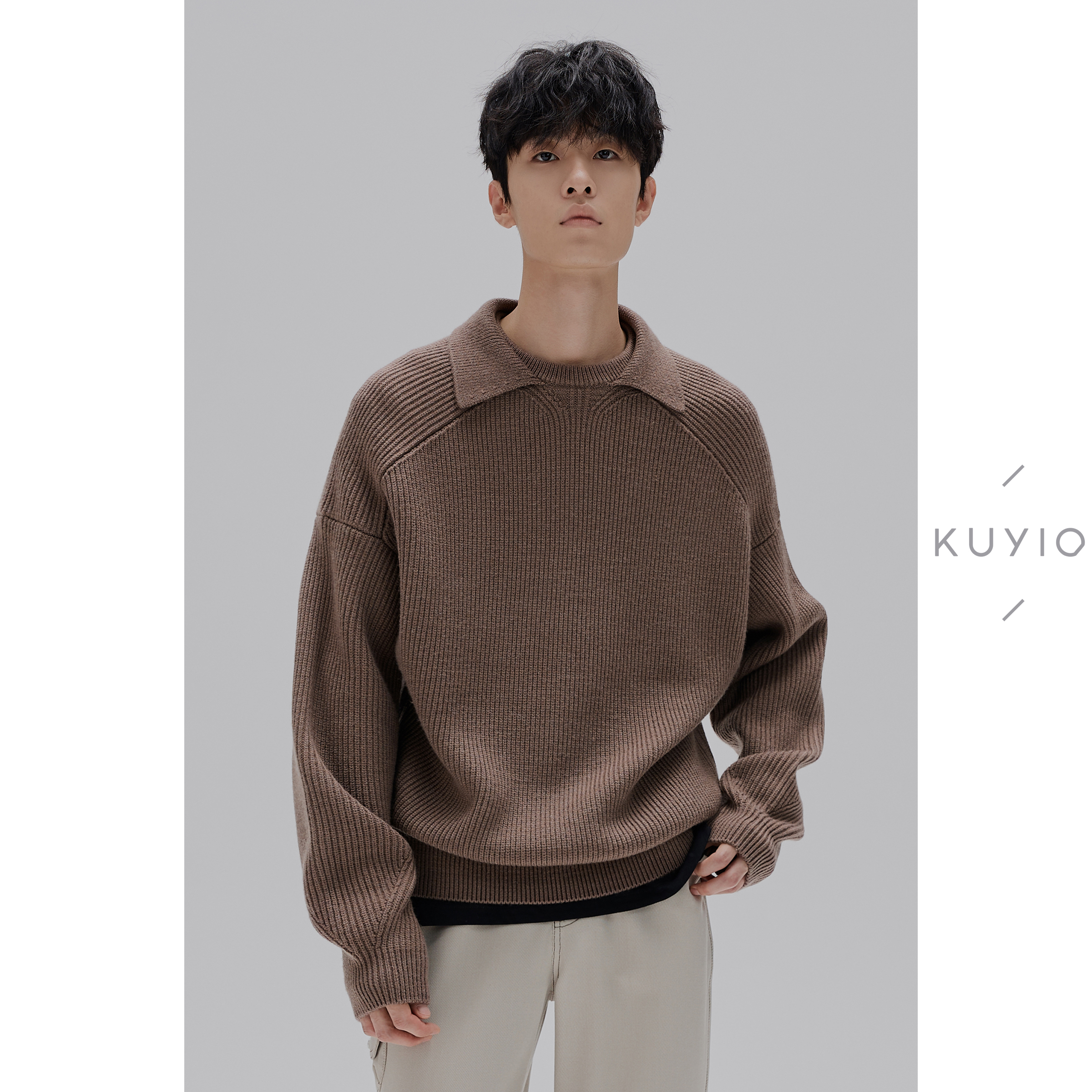 KUYIOU北欧及简层叠翻领针织毛衣