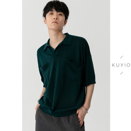 莱赛尔桑蚕丝混纺 KUYIOU/多口袋宽松开襟POLO领针织短袖T恤男Z40