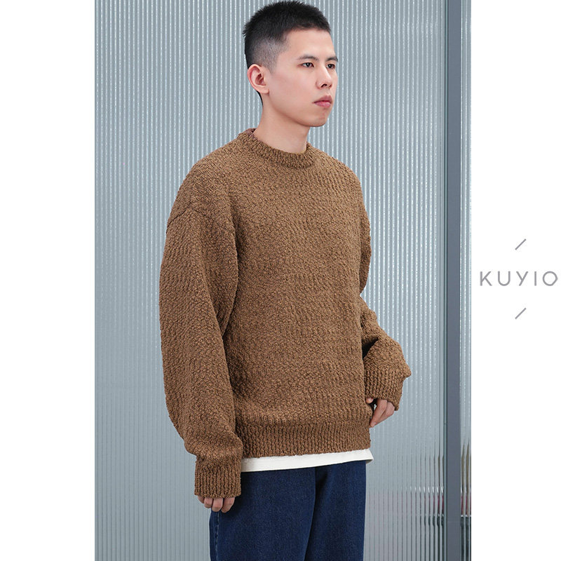 KUYIOU/复古肌理感灯笼纱 羊毛混纺宽松落肩圆领套头针织毛衣男,男装,针织衫/毛衣,淘宝优惠券,粉丝福利购,淘宝优惠卷