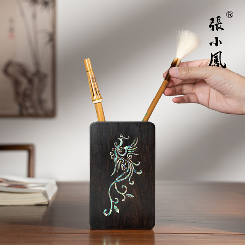 张小凤紫光檀笔筒精致螺钿工艺