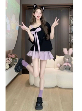 甜妹风不对称斜肩T恤套装女夏高腰百褶半身裙显瘦短裙蝴蝶结上衣