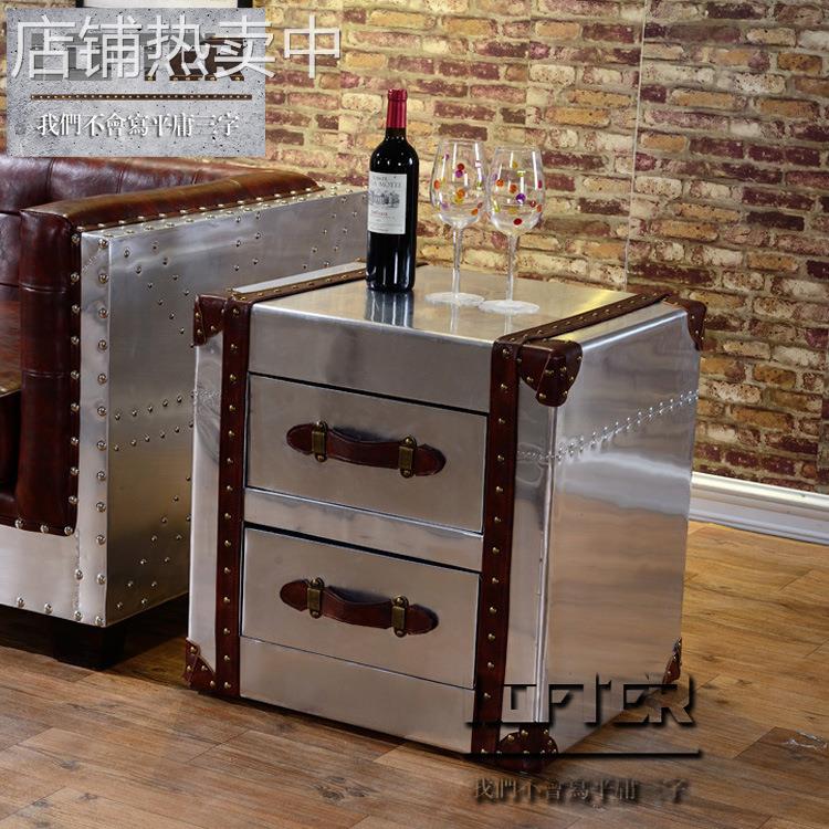 LOFT工业风铝皮铆钉金属双抽角几欧式做旧复古角几咖啡馆酒吧边几