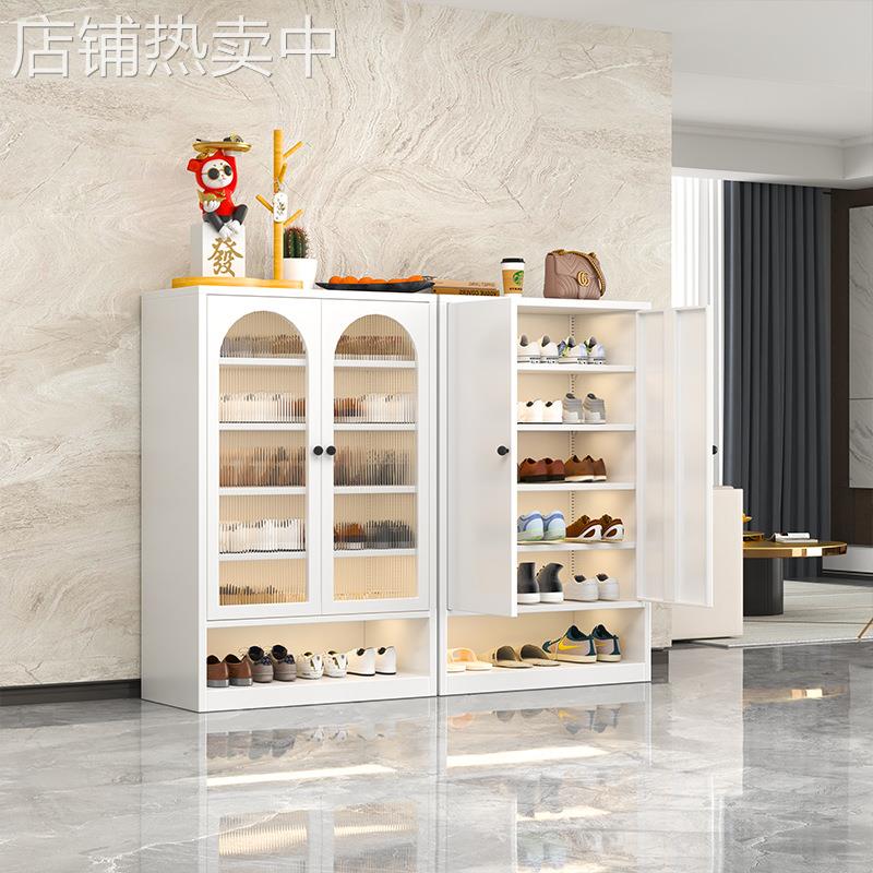 家用门口鞋柜新款轻奢简约风铁艺大容量玻璃门阳台柜多层带门鞋架