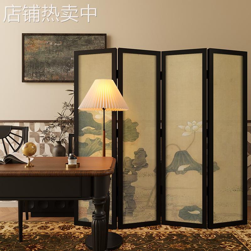 中式古典禅意荷花屏风隔断客厅折叠移动入户餐厅茶室装饰实木折屏