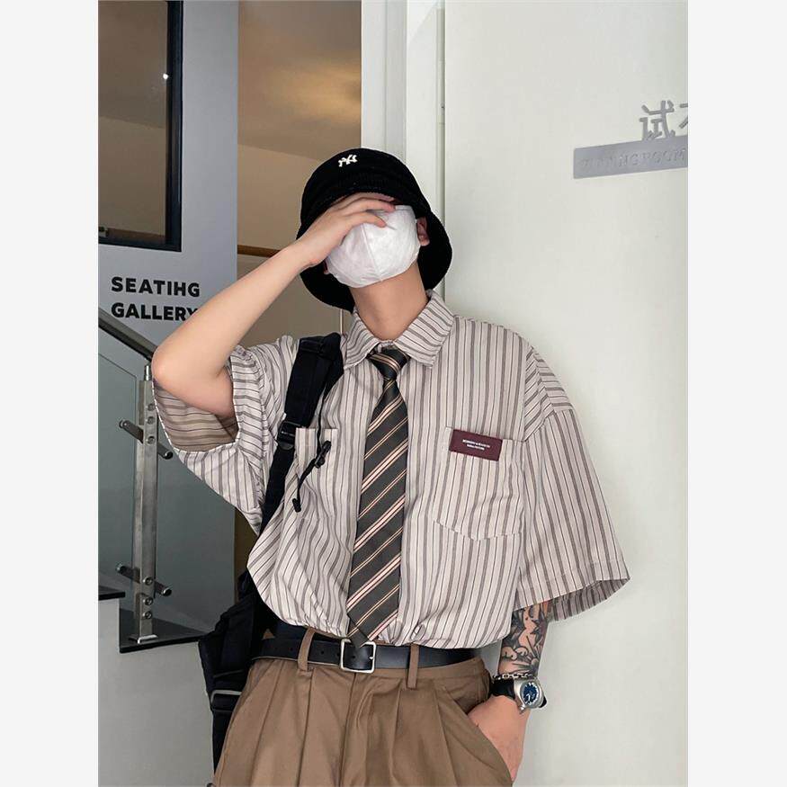 巨兽人夏季新款短袖衬衫日系复古港风翻领短袖条纹男女装休闲衬衣