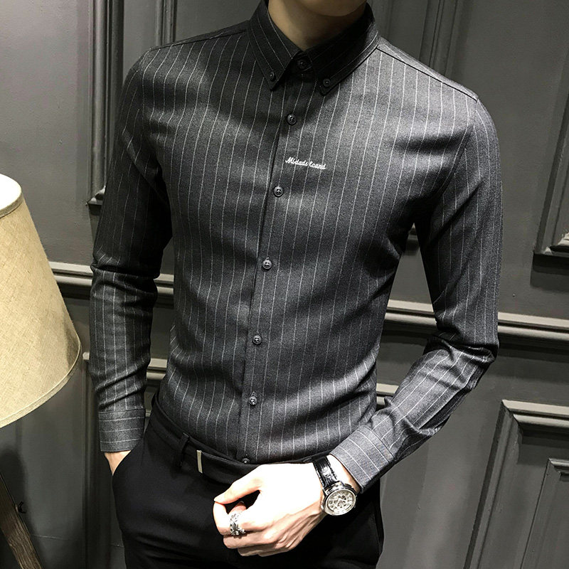 2024新款条纹衬衫男士修身春秋加绒高级休闲长袖衬衣高端商务男装