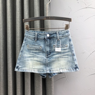 浅色高腰牛仔短裤裙女2026年春夏时尚假两件洋气显瘦百搭A字阔腿