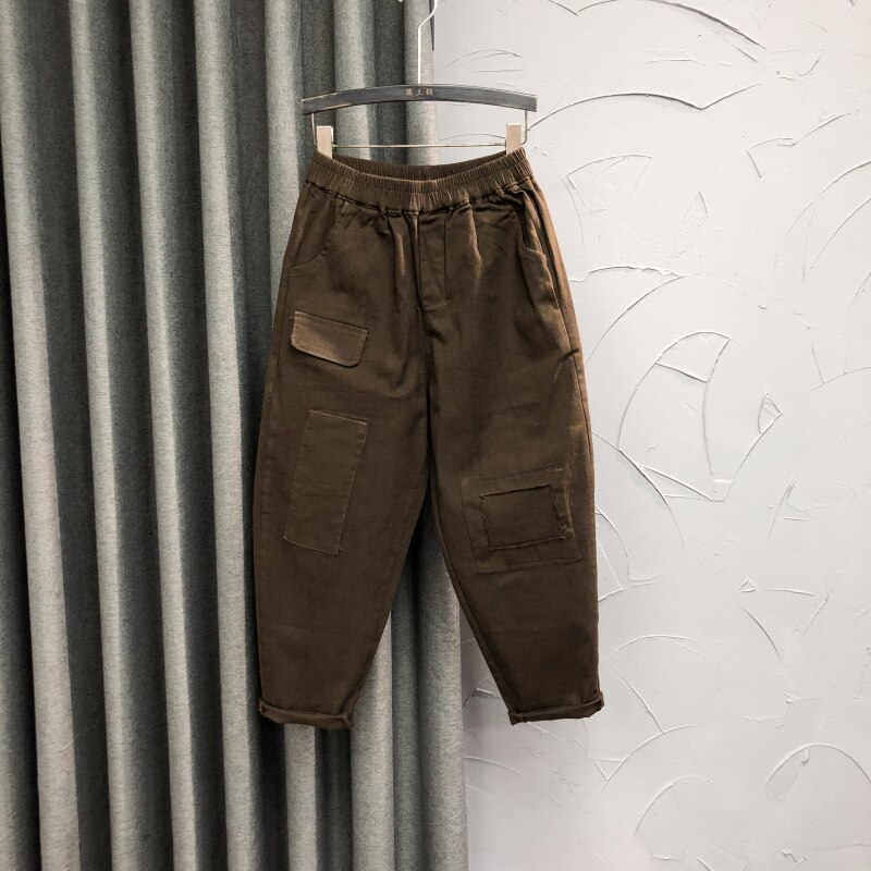 清仓松紧腰休闲牛仔垮裤女春夏时尚贴布破洞补丁宽松九分哈伦裤