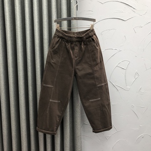 宽松显瘦九分加厚老爹裤 咖啡色高腰薄绒休闲哈伦牛仔裤 女秋冬时尚