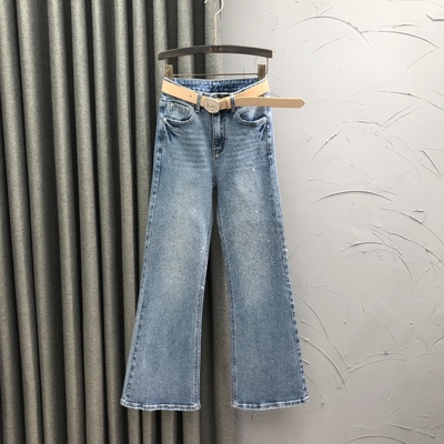 欧货高腰满天星烫钻微喇牛仔裤女