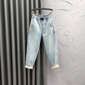 松紧腰休闲老爹牛仔裤女士春季时尚宽松适合梨型身材显瘦哈伦垮裤