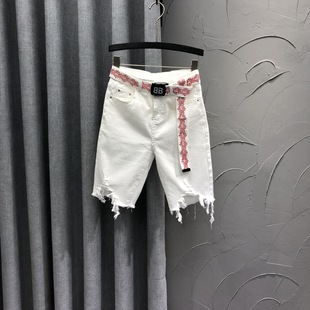 百搭中裤 欧洲站白色破洞五分裤 显瘦牛仔短裤 浅色高腰修身 潮 女夏季