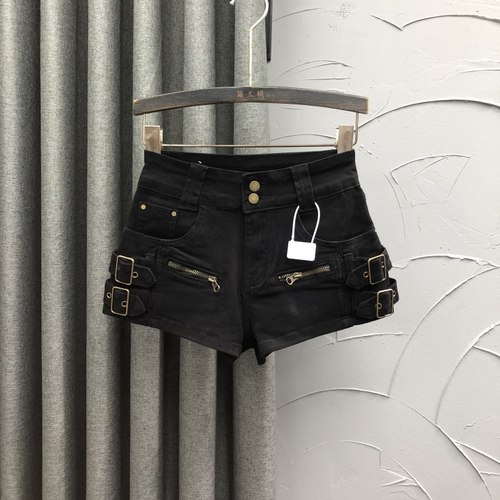 黑色高腰弹力牛仔短裤女