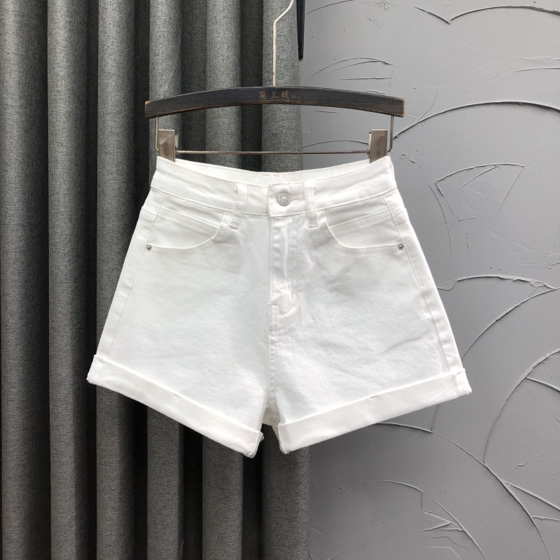 白色高腰休闲牛仔短裤女显瘦春夏时尚宽松洋气A字卷边阔腿热裤子