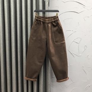 潮 宽松洋气加厚老爹垮裤 松紧腰休闲加绒哈伦牛仔裤 女2024秋冬时尚