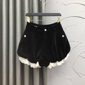 潮 减龄百搭A字蕾丝花边打底南瓜裤 黑色金丝绒休闲短裤 女春夏时尚