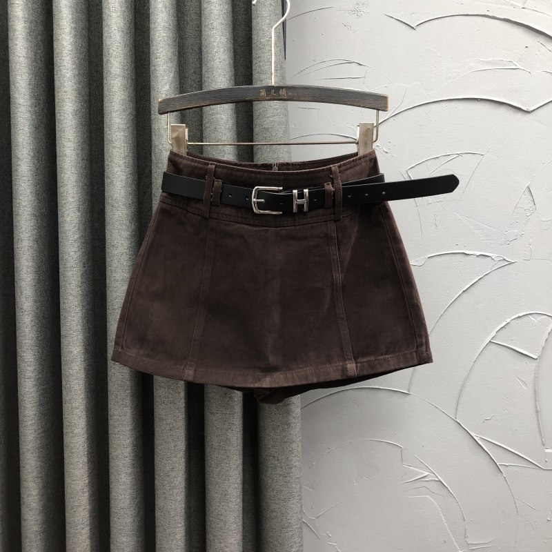 咖啡色高腰牛仔短裤裙女