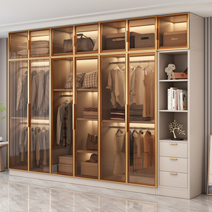 玻璃门衣柜家用卧室实木大衣橱轻奢高级感儿童衣帽间组合柜子定制