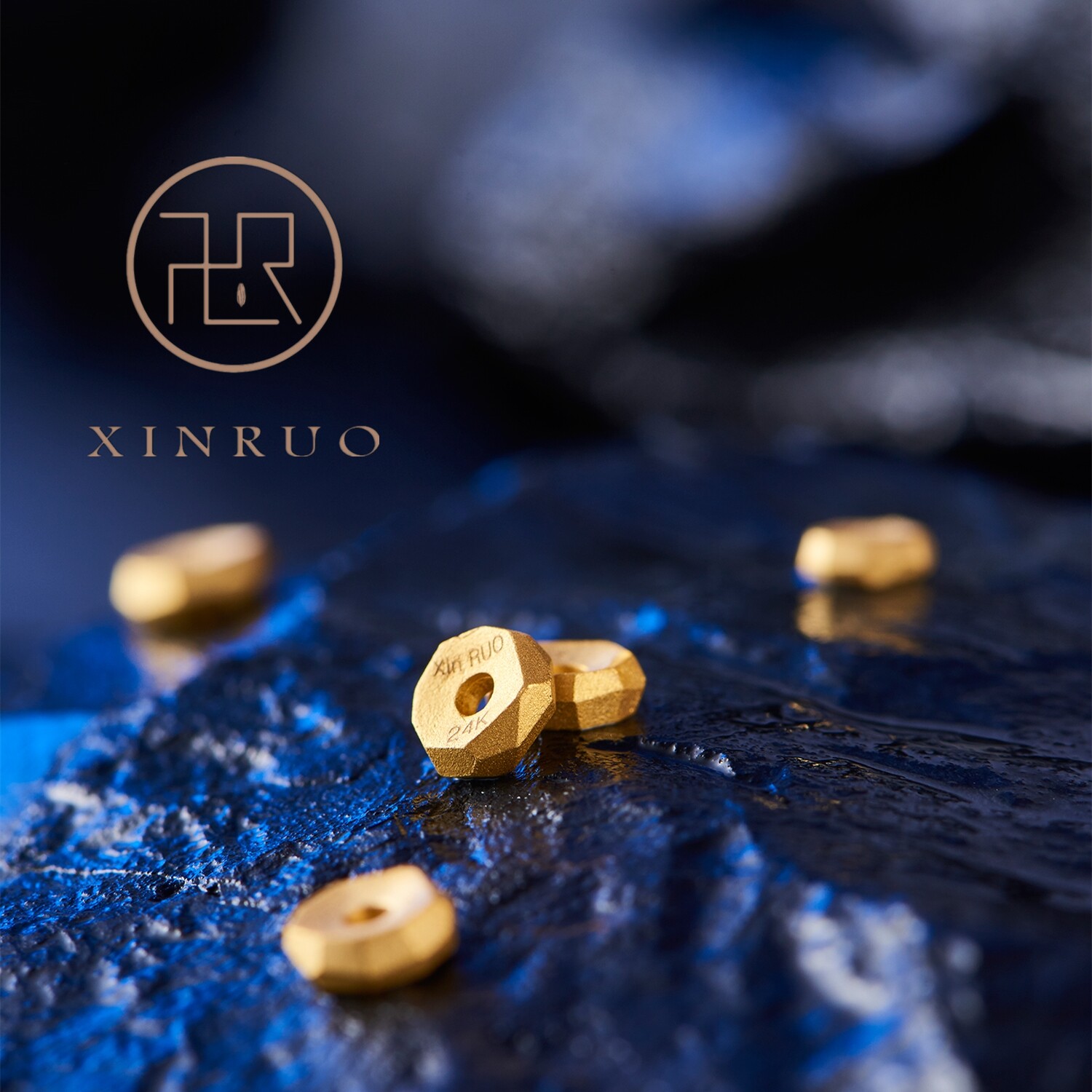 24k纯黄金999实心无相足金隔片陨石锤纹隔珠百柏香籽药片配珠饰品