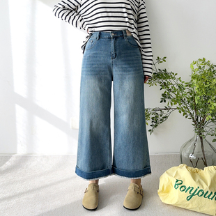 直筒奶奶牛仔裤 胖mm蓝色裤 女春季 显瘦阔腿裤 子春 高腰女裤 大爽大码