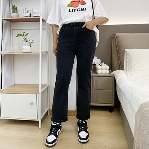 大码女装黑色直筒牛仔女秋季新款松紧高腰弹力显瘦烟管裤胖mm裤子