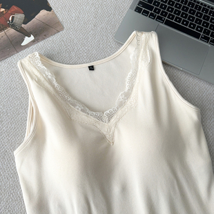 上衣 v领蕾丝文胸胖mm内搭打底衫 大爽大码 保暖吊带一体背心女冬季