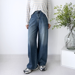 女秋季 直筒牛仔裤 显瘦女裤 宽松拖地裤 子 大码 胖mm蓝色裤 高个子窄版