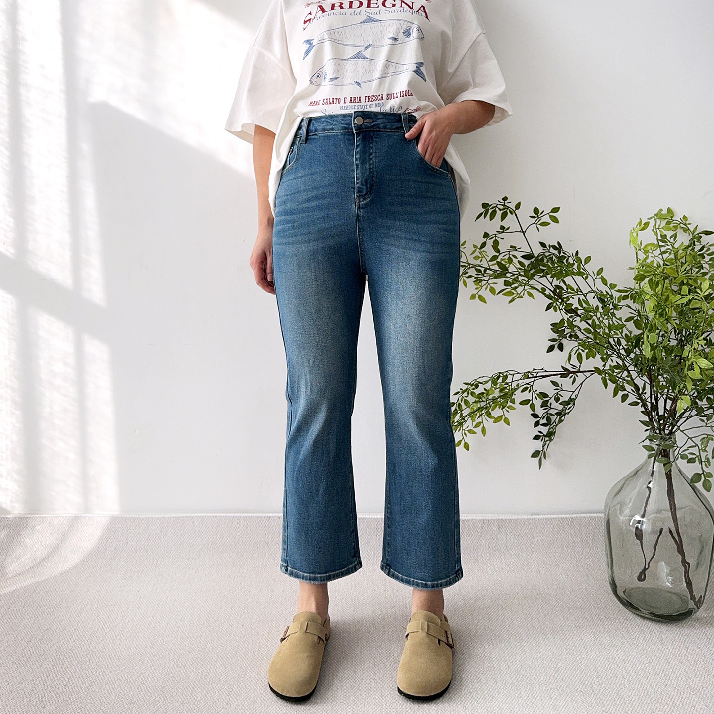 大爽大码女装直筒烟管牛仔裤女春季高腰法棍裤胖mm高腰蓝色裤子