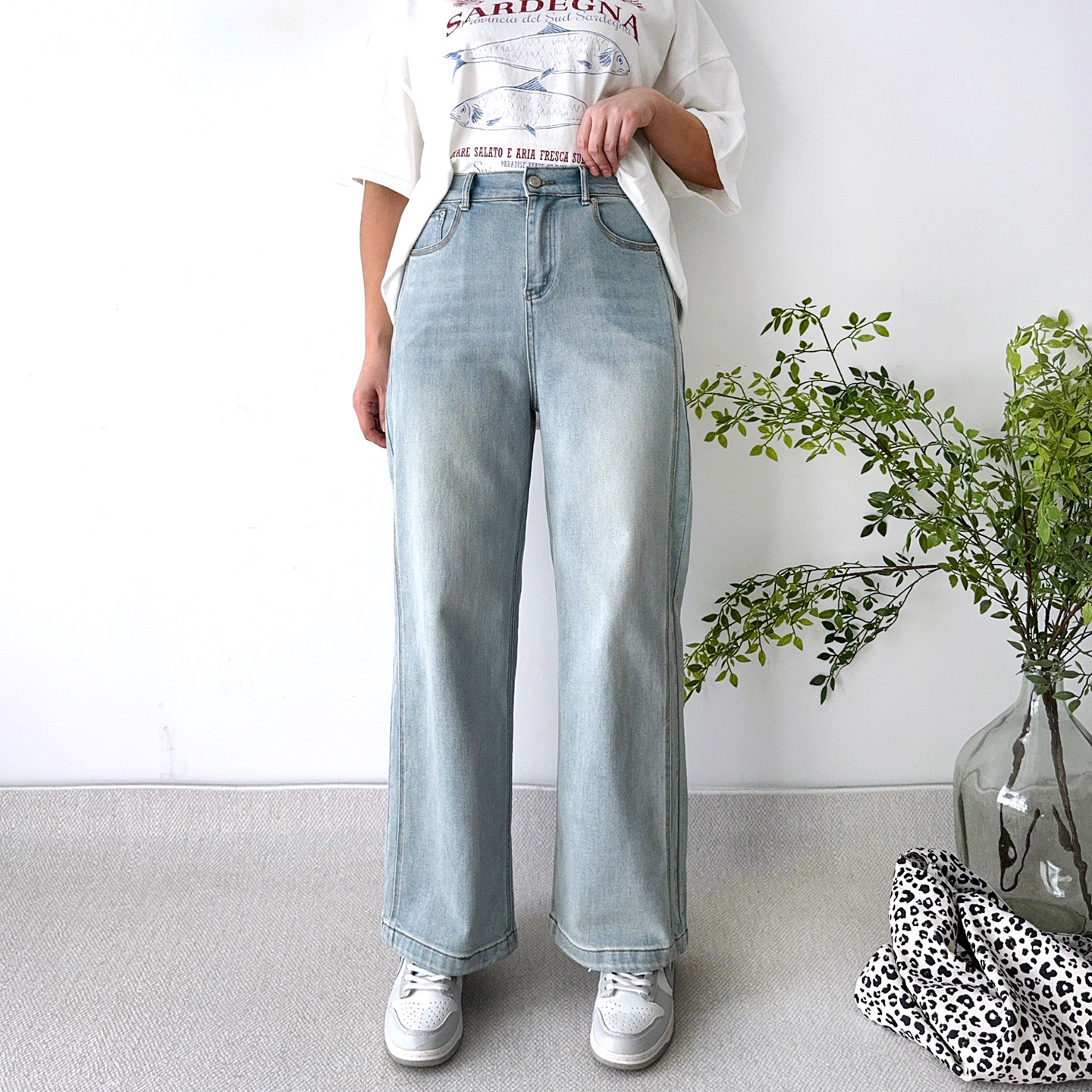 大爽大码女装窄版直筒牛仔裤女春季高腰女裤弹力拖地裤胖mm裤子春