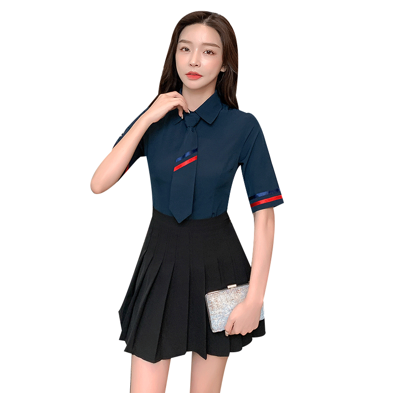 學院風兩件套裝女夏2024新款jk顯瘦百褶裙襯衫上衣制服技師工作服