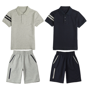 中小学生校服短袖夏季薄款儿童POLO衫灰色藏青色短裤女童男童T恤