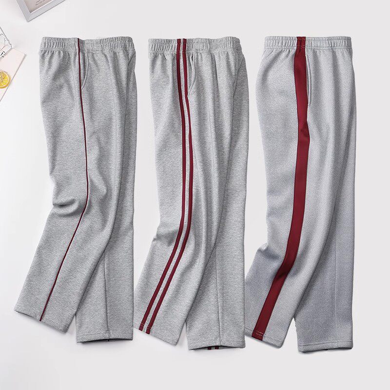 灰色酒红宽杠条细夏季高初中生小学生校服裤子女男童校裤儿童长裤