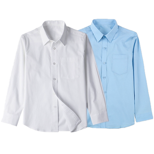 儿童白衬衫男童长袖弹力纯棉女童男孩短袖浅蓝白色衬衣小学生校服
