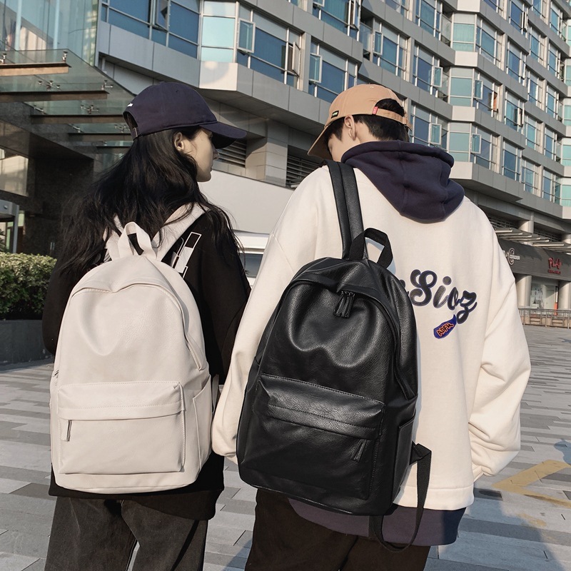 纯色pu皮学院风学生书包男女情侣时尚日韩系简约旅行双肩背包