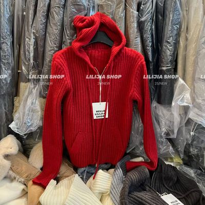 圣诞红连帽加厚针织开衫女