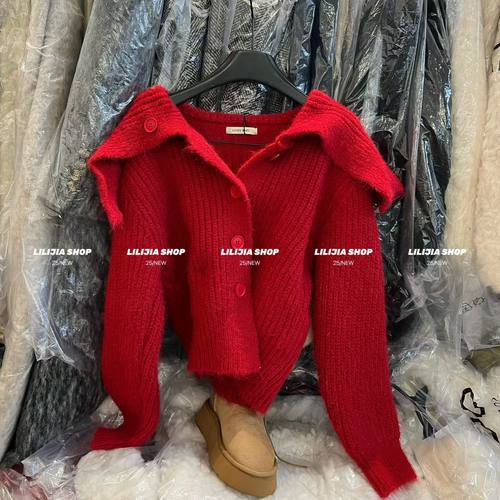 冬季海军领红色针织开衫女显瘦