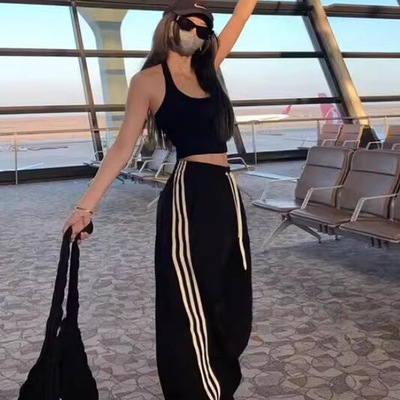韩版时尚百搭红色阔腿裤女夏季