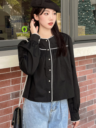 高级感别致小衫珍珠扣衬衣女春季长袖上衣设计感小众黑色圆领衬衫