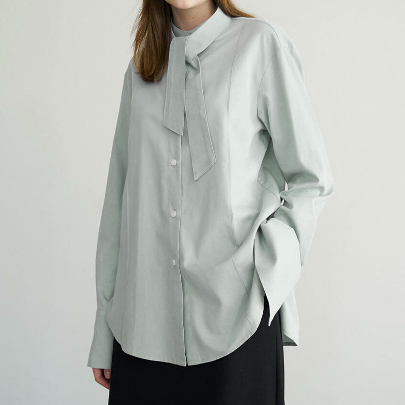 纯棉衬衣小众蝴蝶结领系带衬衫全棉宽松直角肩衬衫女宽松上衣