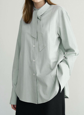 纯棉衬衣小众蝴蝶结领系带衬衫全棉宽松直角肩衬衫女宽松上衣