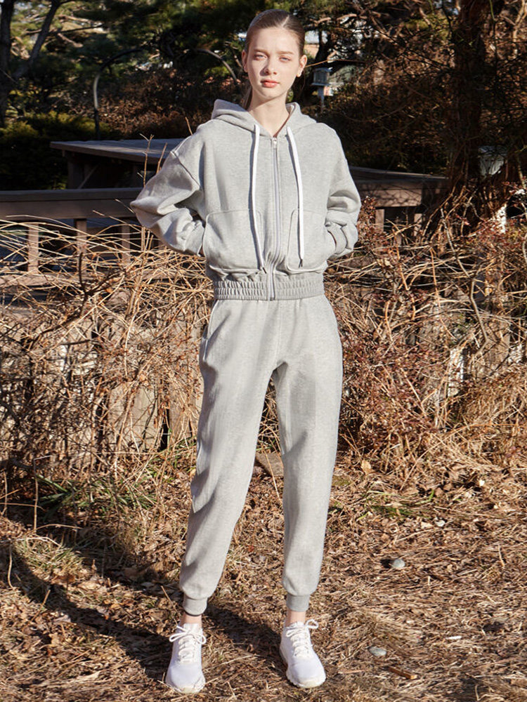 短款连帽卫衣外套加绒卫裤套装