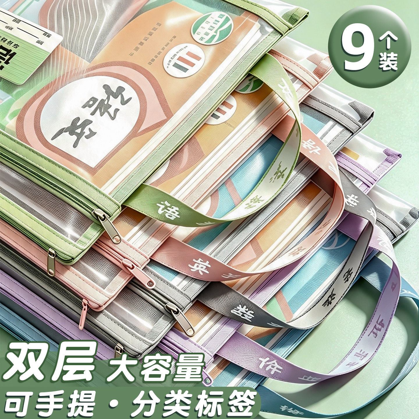 学生科目分类袋网纱双层大容量拉链式作业试卷收纳袋A4资料拉链袋手提袋拎书袋子初中生装书袋学生专用资料袋